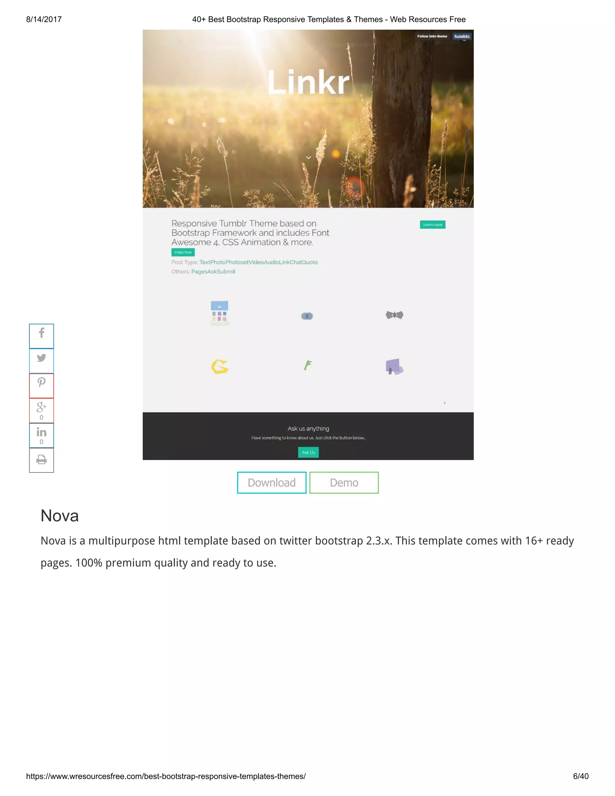 8/14/2017 40+ Best Bootstrap Responsive Templates & Themes - Web Resources Free
https://www.wresourcesfree.com/best-bootstrap-responsive-templates-themes/ 6/40
 
Nova
Nova is a multipurpose html template based on twitter bootstrap 2.3.x. This template comes with 16+ ready
pages. 100% premium quality and ready to use.
Download Demo




0

0

 
