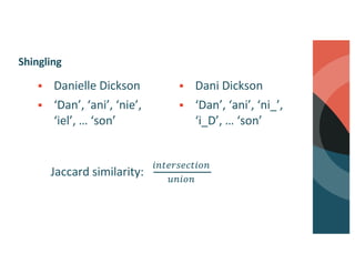 Shingling
§ Danielle Dickson
§ ‘Dan’, ‘ani’, ‘nie’,
‘iel’, … ‘son’
§ Dani Dickson
§ ‘Dan’, ‘ani’, ‘ni_’,
‘i_D’, … ‘son’
Jaccard similarity:
!"#$%&$'#!("
)"!("
 