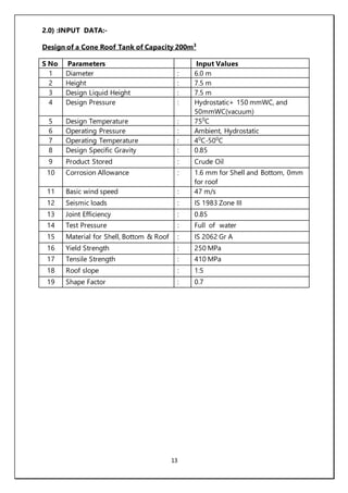 13
2.0) :INPUT DATA:-
Design of a Cone Roof Tank of Capacity 200m3
S No Parameters Input Values
1 Diameter : 6.0 m
2 Height : 7.5 m
3 Design Liquid Height : 7.5 m
4 Design Pressure : Hydrostatic+ 150 mmWC, and
50mmWC(vacuum)
5 Design Temperature : 750
C
6 Operating Pressure : Ambient, Hydrostatic
7 Operating Temperature : 40
C-500
C
8 Design Specific Gravity : 0.85
9 Product Stored : Crude Oil
10 Corrosion Allowance : 1.6 mm for Shell and Bottom, 0mm
for roof
11 Basic wind speed : 47 m/s
12 Seismic loads : IS 1983 Zone III
13 Joint Efficiency : 0.85
14 Test Pressure : Full of water
15 Material for Shell, Bottom & Roof : IS 2062 Gr A
16 Yield Strength : 250 MPa
17 Tensile Strength : 410 MPa
18 Roof slope : 1:5
19 Shape Factor : 0.7
 