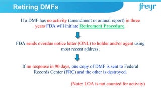Retiring DMFs
If a DMF has no activity (amendment or annual report) in three
years FDA will initiate Retirement Procedure.
FDA sends overdue notice letter (ONL) to holder and/or agent using
most recent address.
If no response in 90 days, one copy of DMF is sent to Federal
Records Center (FRC) and the other is destroyed.
(Note: LOA is not counted for activity)
 