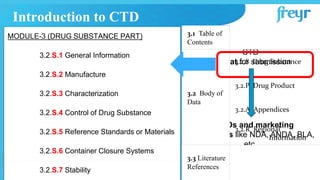 CTD
Format for submission
for INDs and marketing
applications like NDA, ANDA, BLA,
etc.
Introduction to CTD
3.1 Table of
Contents
3.2 Body of
Data
3.2.S Drug Substance
3.2.P Drug Product
3.2.A Appendices
3.2.R Regional
Information
3.3 Literature
References
MODULE-3 (DRUG SUBSTANCE PART)
3.2.S.1 General Information
3.2.S.2 Manufacture
3.2.S.3 Characterization
3.2.S.4 Control of Drug Substance
3.2.S.5 Reference Standards or Materials
3.2.S.6 Container Closure Systems
3.2.S.7 Stability
 