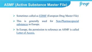 ASMF (Active Substance Master File)
 Sometimes called as EDMF (European Drug Master File)
 This is generally used for Non-Pharmacopoeial
substances in Europe.
 In Europe, the permission to reference an ASMF is called
Letter of Access.
 