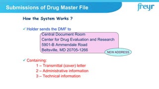 How the System Works ?
 Holder sends the DMF to
Central Document Room
Center for Drug Evaluation and Research
5901-B Ammendale Road
Beltsville, MD 20705-1266
 Containing:
1 – Transmittal (cover) letter
2 – Administrative information
3 – Technical information
NEW ADDRESS
Submissions of Drug Master File
 