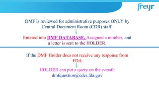 DMF is reviewed for administrative purposes ONLY by
Central Document Room (CDR) staff.
Entered into DMF DATABASE, Assigned a number, and
a letter is sent to the HOLDER.
If the DMF Holder does not receive any response from
FDA
HOLDER can put a query on the e-mail:
dmfquestion@cder.fda.gov
 