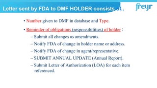 • Number given to DMF in database and Type.
• Reminder of obligations (responsibilities) of holder :
– Submit all changes as amendments.
– Notify FDA of change in holder name or address.
– Notify FDA of change in agent/representative.
– SUBMIT ANNUAL UPDATE (Annual Report).
– Submit Letter of Authorization (LOA) for each item
referenced.
Letter sent by FDA to DMF HOLDER consists of...
 