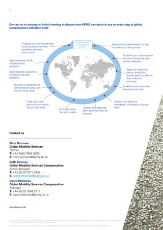 7
COMPE
COLL
CY
Produce your home and host
country payroll monthly,
Contact us to arrange an initial meeting to discuss how
compensation collection cycle
CYcountry payroll monthly,
quarterly, year-end
instructions
Apply globally agreed tax
and social security
Apply assignee tax &
social security
positions
Track each data
Maintain a repository of
compensation data, one
source for all costs
and social security
positions
Critically review
the data quality
Track each data
source and establish
robust audit trails
Contact us
Marc Burrows
Global Mobility Services
Partner
T: +44 (0)20 7694 5930
E: marc.burrows@kpmg.co.uk
Beth Thomas
Global Mobility Services Compensation
Senior Manager
T: +44 (0) 20 7311 2354
E: bethan.thomas@kpmg.co.uk
David Holloway
Global Mobility Services Compensation
Manager
T: +44 (0) 20 7694 2213
E: david.holloway@kpmg.co.uk
www.kpmg.co.uk
© 2014 KPMG LLP, a UK limited liability partnership, is a subsidiary of KPMG Europe LLP and a member firm of
with KPMG International Cooperative, a Swiss entity. All rights reserved.
The KPMG name, logo and “cutting through complexity” are registered trademarks or trademarks of KPMG Inte
ENSATION
LECTION
YCLE
Educate your stakeholders on the
importance of the process
KPMG can assist in any or every step of global
YCLE importance of the process
Establish your data sources
and how frequently data
can be collected
Agree tax reporting
period, and policy
around early cut-offs for
data collection
purposes
Establish a secure online
shared service site
Gather your data (viaGather your data (via
templates, interfaces or source
files)Validate that data has
been received from all
sources
the KPMG network of independent member firms affiliated
ernational Cooperative (KPMG International).
 