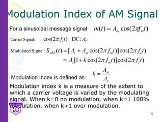 9
Modulation Index of AM Signal
m
c
A
k
A

)
2
cos(
)
( t
f
A
t
m m
m 

Carrier Signal: cos(2 ) DC:
c C
f t A

For a sinusoidal message signal
Modulation Index is defined as:
Modulated Signal: ( ) [ cos(2 )]cos(2 )
[1 cos(2 )]cos(2 )
AM c m m c
c m c
S t A A f t f t
A k f t f t
 
 
 
 
Modulation index k is a measure of the extent to
which a carrier voltage is varied by the modulating
signal. When k=0 no modulation, when k=1 100%
modulation, when k>1 over modulation.
 