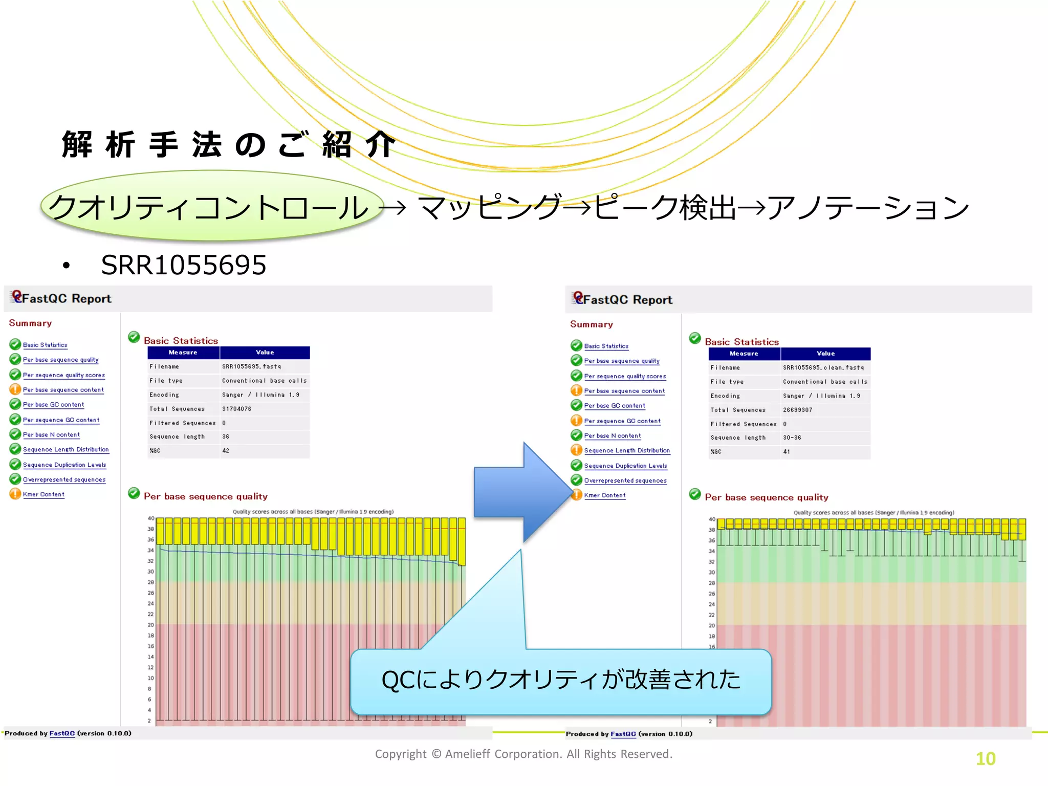 Copyright © Amelieff Corporation. All Rights Reserved.
10
解 析 手 法 の ご 紹 介
• SRR1055695
クオリティコントロール → マッピング→ピーク検出→アノテーション
QCによりクオリティが改善された
 
