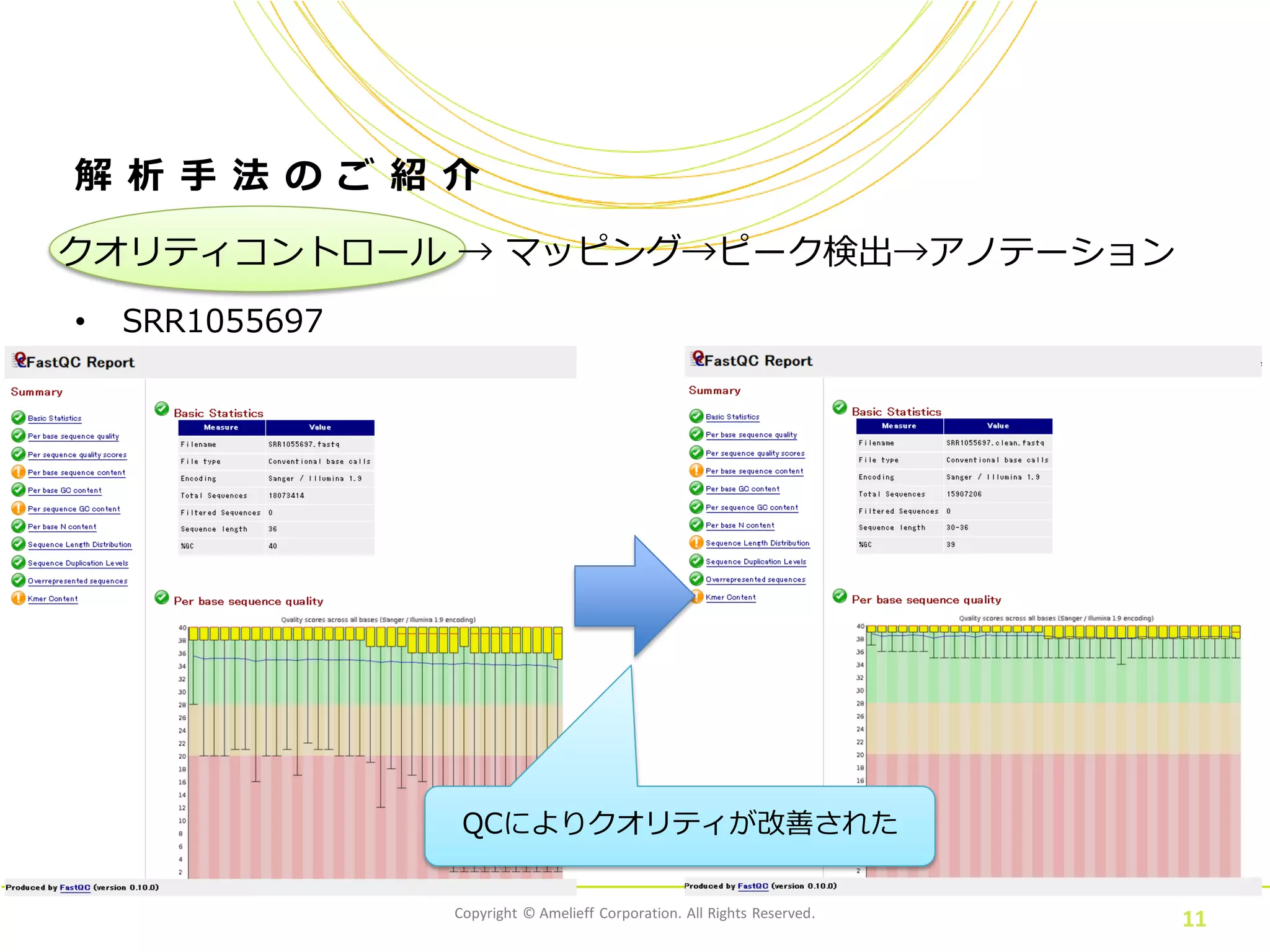 Copyright © Amelieff Corporation. All Rights Reserved.
11
解 析 手 法 の ご 紹 介
• SRR1055697
クオリティコントロール → マッピング→ピーク検出→アノテーション
QCによりクオリティが改善された
 
