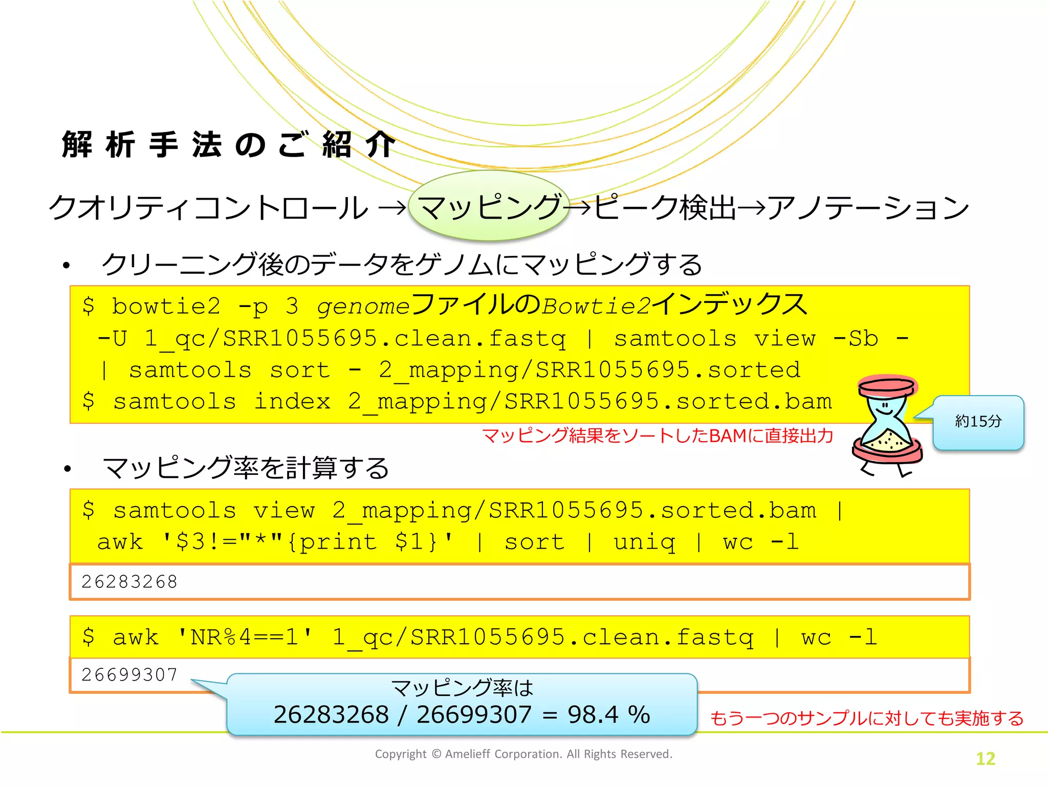 $ samtools view 2_mapping/SRR1055695.sorted.bam |
awk '$3!="*"{print $1}' | sort | uniq | wc -l
Copyright © Amelieff Corporation. All Rights Reserved.
12
解 析 手 法 の ご 紹 介
• クリーニング後のデータをゲノムにマッピングする
$ bowtie2 -p 3 genomeファイルのBowtie2インデックス
-U 1_qc/SRR1055695.clean.fastq | samtools view -Sb -
| samtools sort - 2_mapping/SRR1055695.sorted
$ samtools index 2_mapping/SRR1055695.sorted.bam
約15分
もう一つのサンプルに対しても実施する
クオリティコントロール → マッピング→ピーク検出→アノテーション
• マッピング率を計算する
他のサンプルに対しても実施する26699307
マッピング率は
26283268 / 26699307 = 98.4 %
$ awk 'NR%4==1' 1_qc/SRR1055695.clean.fastq | wc -l
26283268
マッピング結果をソートしたBAMに直接出力
 