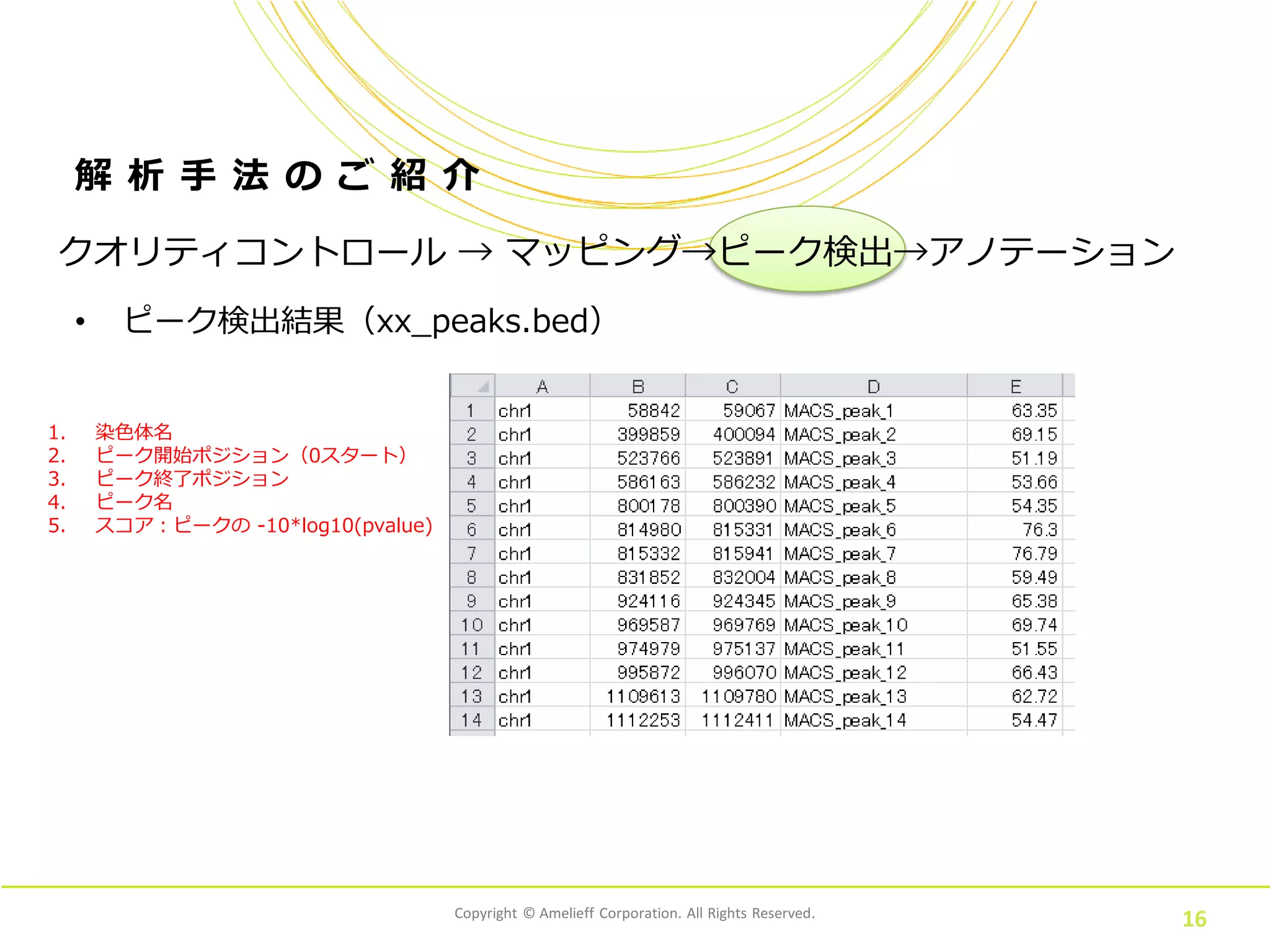 Copyright © Amelieff Corporation. All Rights Reserved.
16
解 析 手 法 の ご 紹 介
• ピーク検出結果（xx_peaks.bed）
クオリティコントロール → マッピング→ピーク検出→アノテーション
1. 染色体名
2. ピーク開始ポジション（0スタート）
3. ピーク終了ポジション
4. ピーク名
5. スコア：ピークの -10*log10(pvalue)
 
