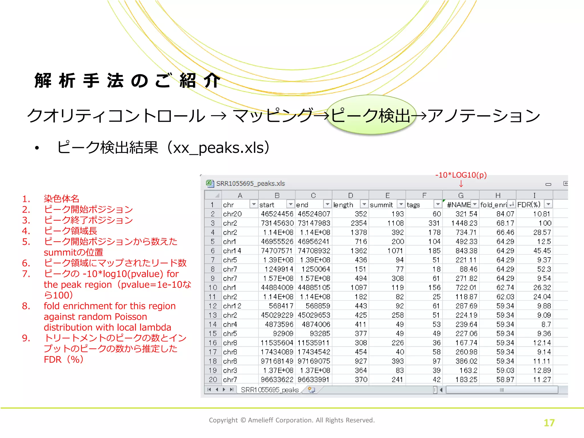 Copyright © Amelieff Corporation. All Rights Reserved.
17
解 析 手 法 の ご 紹 介
• ピーク検出結果（xx_peaks.xls）
クオリティコントロール → マッピング→ピーク検出→アノテーション
1. 染色体名
2. ピーク開始ポジション
3. ピーク終了ポジション
4. ピーク領域長
5. ピーク開始ポジションから数えた
summitの位置
6. ピーク領域にマップされたリード数
7. ピークの -10*log10(pvalue) for
the peak region（pvalue=1e-10な
ら100）
8. fold enrichment for this region
against random Poisson
distribution with local lambda
9. トリートメントのピークの数とイン
プットのピークの数から推定した
FDR（%）
-10*LOG10(p)
↓
 