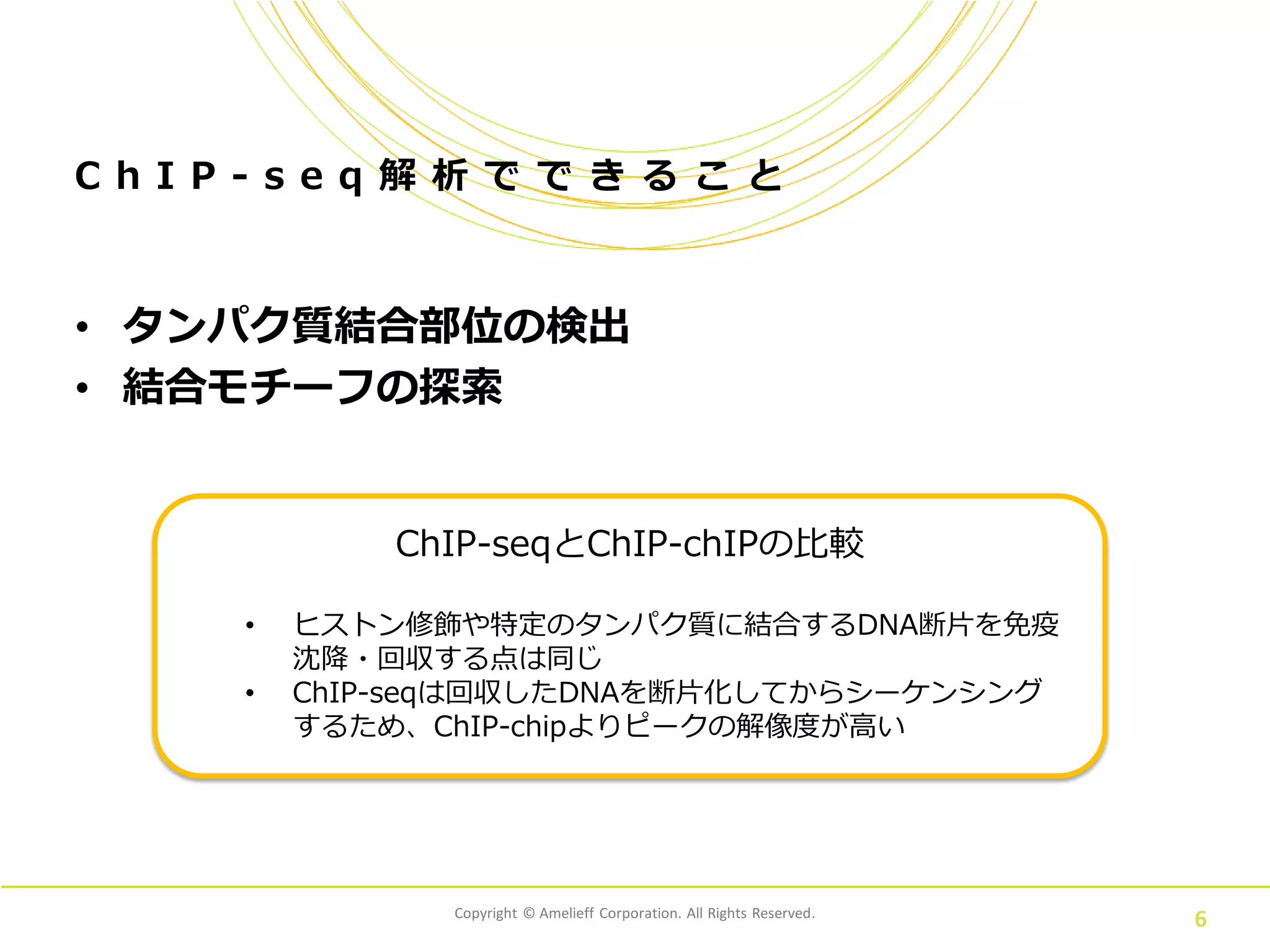 Copyright © Amelieff Corporation. All Rights Reserved.
C h I P - s e q 解 析 で で き る こ と
• タンパク質結合部位の検出
• 結合モチーフの探索
6
ChIP-seqとChIP-chIPの比較
• ヒストン修飾や特定のタンパク質に結合するDNA断片を免疫
沈降・回収する点は同じ
• ChIP-seqは回収したDNAを断片化してからシーケンシング
するため、ChIP-chipよりピークの解像度が高い
 