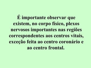 É importante observar que 
existem, no corpo físico, plexos 
nervosos importantes nas regiões 
correspondentes aos centros vitais, 
exceção feita ao centro coronário e 
ao centro frontal. 
 