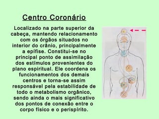 Centro Coronário 
Localizado na parte superior da 
cabeça, mantendo relacionamento 
com os órgãos situados no 
interior do crânio, principalmente 
a epífise. Constitui-se no 
principal ponto de assimilação 
dos estímulos provenientes do 
plano espiritual. Ele coordena os 
funcionamentos dos demais 
centros e torna-se assim 
responsável pela estabilidade de 
todo o metabolismo orgânico, 
sendo ainda o mais significativo 
dos pontos de conexão entre o 
corpo físico e o perispírito. 
 