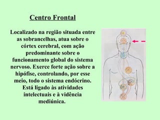 Centro Frontal 
Localizado na região situada entre 
as sobrancelhas, atua sobre o 
córtex cerebral, com ação 
predominante sobre o 
funcionamento global do sistema 
nervoso. Exerce forte ação sobre a 
hipófise, controlando, por esse 
meio, todo o sistema endócrino. 
Está ligado às atividades 
intelectuais e à vidência 
mediúnica. 
 