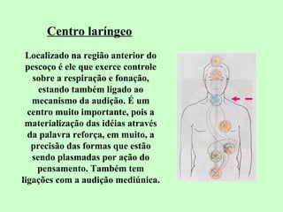 Centro laríngeo 
Localizado na região anterior do 
pescoço é ele que exerce controle 
sobre a respiração e fonação, 
estando também ligado ao 
mecanismo da audição. É um 
centro muito importante, pois a 
materialização das idéias através 
da palavra reforça, em muito, a 
precisão das formas que estão 
sendo plasmadas por ação do 
pensamento. Também tem 
ligações com a audição mediúnica. 
 