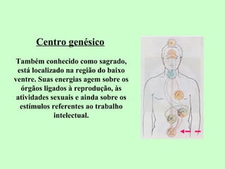 Centro genésico 
Também conhecido como sagrado, 
está localizado na região do baixo 
ventre. Suas energias agem sobre os 
órgãos ligados à reprodução, às 
atividades sexuais e ainda sobre os 
estímulos referentes ao trabalho 
intelectual. 
 