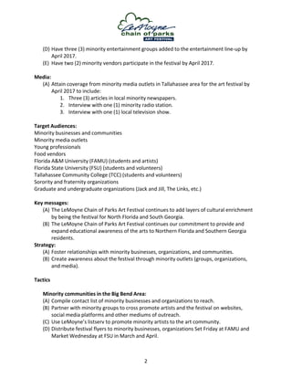 2	
	
	
(D) Have	three	(3)	minority	entertainment	groups	added	to	the	entertainment	line-up	by	
April	2017.	
(E) Have	two	(2)	minority	vendors	participate	in	the	festival	by	April	2017.	
	
Media:	
(A) Attain	coverage	from	minority	media	outlets	in	Tallahassee	area	for	the	art	festival	by	
April	2017	to	include:	
1. Three	(3)	articles	in	local	minority	newspapers.	
2. Interview	with	one	(1)	minority	radio	station.	
3. Interview	with	one	(1)	local	television	show.	
	
Target	Audiences:	
Minority	businesses	and	communities	
Minority	media	outlets	
Young	professionals	
Food	vendors	
Florida	A&M	University	(FAMU)	(students	and	artists)	
Florida	State	University	(FSU)	(students	and	volunteers)	
Tallahassee	Community	College	(TCC)	(students	and	volunteers)	
Sorority	and	fraternity	organizations	
Graduate	and	undergraduate	organizations	(Jack	and	Jill,	The	Links,	etc.)	
	
Key	messages:	
(A) The	LeMoyne	Chain	of	Parks	Art	Festival	continues	to	add	layers	of	cultural	enrichment	
by	being	the	festival	for	North	Florida	and	South	Georgia.	
(B) The	LeMoyne	Chain	of	Parks	Art	Festival	continues	our	commitment	to	provide	and	
expand	educational	awareness	of	the	arts	to	Northern	Florida	and	Southern	Georgia	
residents.	
Strategy:	
(A) Foster	relationships	with	minority	businesses,	organizations,	and	communities.	
(B) Create	awareness	about	the	festival	through	minority	outlets	(groups,	organizations,	
and	media).	
	
Tactics	
	
Minority	communities	in	the	Big	Bend	Area:	
(A) Compile	contact	list	of	minority	businesses	and	organizations	to	reach.	
(B) Partner	with	minority	groups	to	cross	promote	artists	and	the	festival	on	websites,	
social	media	platforms	and	other	mediums	of	outreach.	
(C) Use	LeMoyne’s	listserv	to	promote	minority	artists	to	the	art	community.	
(D) Distribute	festival	flyers	to	minority	businesses,	organizations	Set	Friday	at	FAMU	and	
Market	Wednesday	at	FSU	in	March	and	April.	
 