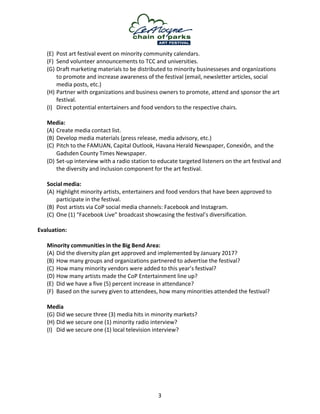 3	
	
	
(E) Post	art	festival	event	on	minority	community	calendars.	
(F) Send	volunteer	announcements	to	TCC	and	universities.	
(G) Draft	marketing	materials	to	be	distributed	to	minority	businesseses	and	organizations	
to	promote	and	increase	awareness	of	the	festival	(email,	newsletter	articles,	social	
media	posts,	etc.)	
(H) Partner	with	organizations	and	business	owners	to	promote,	attend	and	sponsor	the	art	
festival.	
(I) Direct	potential	entertainers	and	food	vendors	to	the	respective	chairs.	
	
Media:	
(A) Create	media	contact	list.	
(B) Develop	media	materials	(press	release,	media	advisory,	etc.)	
(C) Pitch	to	the	FAMUAN,	Capital	Outlook,	Havana	Herald	Newspaper,	Conexión,	and	the	
Gadsden	County	Times	Newspaper.	
(D) Set-up	interview	with	a	radio	station	to	educate	targeted	listeners	on	the	art	festival	and	
the	diversity	and	inclusion	component	for	the	art	festival.	
	
Social	media:	
(A) Highlight	minority	artists,	entertainers	and	food	vendors	that	have	been	approved	to	
participate	in	the	festival.	
(B) Post	artists	via	CoP	social	media	channels:	Facebook	and	Instagram.	
(C) One	(1)	“Facebook	Live”	broadcast	showcasing	the	festival’s	diversification.	
	
Evaluation:	
	
Minority	communities	in	the	Big	Bend	Area:	
(A) Did	the	diversity	plan	get	approved	and	implemented	by	January	2017?	
(B) How	many	groups	and	organizations	partnered	to	advertise	the	festival?	
(C) How	many	minority	vendors	were	added	to	this	year’s	festival?	
(D) How	many	artists	made	the	CoP	Entertainment	line	up?	
(E) Did	we	have	a	five	(5)	percent	increase	in	attendance?	
(F) Based	on	the	survey	given	to	attendees,	how	many	minorities	attended	the	festival?	
	
Media	
(G) Did	we	secure	three	(3)	media	hits	in	minority	markets?	
(H) Did	we	secure	one	(1)	minority	radio	interview?	
(I) Did	we	secure	one	(1)	local	television	interview?	
 