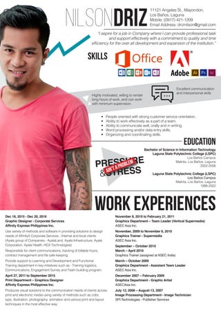 Highly motivated, willing to render
long hours of work, and can work
with minimum supervision.
Excellent communication
and interpersonal skills
NILSONDRIZ
Education
11121 Angeles St., Mayondon,
Los Baños, Laguna
Mobile: (0917) 421-1209
Email Address: driznilson@gmail.com
• People oriented with strong customer service orientation.
• Ability to work effectively as a part of a team.
• Ability to communicate well, orally and in writing.
• Word processing and/or data entry skills.
• Organizing and coordinating skills.
Bachelor of Science in Information Technology
Laguna State Polytechnic College (LSPC)
Los Baños Campus
Malinta, Los Baños, Laguna
2002-2006
Laguna State Polytechnic College (LSPC)
Los Baños Campus
Malinta, Los Baños, Laguna
1998-2002
“I aspire for a job in Company where I can provide professional task
and support effectively with a commitment to quality and time
efficiency for the over all development and expansion of the institution.”
PRESSURE
&STRESSAIN’TAPROBLEM
Dec 18, 2015 - Dec 20, 2016
Graphic Designer - Corporate Services
Affinity Express Philippines Inc.
Use variety of methods and software in providing solutions to design
needs of AffinityX Corporate Services - Internal and local clients
(Ayala group of Companies - AyalaLand, Ayala Infrastructure, Ayala
Corporation, Ayala Health, HCX Technologies)
Responsible for client communications, tracking of billable hours,
contract management and file safe keeping.
Provide support to Learning and Development and Functional
Training department in key initiatives such as - Training logistics,
Communications, Engagement Survey and Team building program.
April 27, 2011 to September 2015
Print Department – Graphics Designer
Affinity Express Philippines Inc.
Produces visual solutions to the communication needs of clients across
print and electronic media using variety of methods such as color,
type, illustration, photography, animation and various print and layout
techniques in the most effective way.
November 8, 2010 to February 21, 2011
Graphics Department – Team Leader (Vertical Supermedia)
ASEC Asia Inc.
November, 2009 to November 6, 2010
Graphics Trainer - Supermedia
ASEC Asia Inc.
September – October 2010
March – April 2010
Graphics Trainer (assigned at ASEC India)
March – October 2009
Graphics Department - Assistant Team Leader
ASEC Asia Inc.
December 2007 – February 2009
Graphics Department - Graphic Artist
ASECAsia Inc.
July 12, 2006 – August 13, 2007
Image Processing Department - Image Technician
SPI Technologies - Publisher Services
Work Experiences
Skills
 