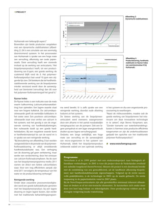 Huhtamaki een belangrijk aspect.”
Bovendien zijn beide producten vergeleken
met een dynamische stabilisatietest (afbeel-
ding 2). Dit is een simulatie van een eenmalig
doorstromend systeem. In het proceswater
van Huhtamaki is sprake van een hoge mate
van vervuiling, afkomstig van oude papier-
vezels. Deze vervuiling heeft een storende
invloed op de werking van antiscalants. “Het
biopolymeerproduct heeft, tot een product-
dosering van 8 ppm, een goede werking: de
scaletrend blijft rond de 0. Het polymeer-
fosfonaatproduct laat vanaf 10 ppm een stij-
gende lijn zien. Dit betekent dat de hardheids-
stabiliserende werking van de biopolymeren
minder verstoord wordt door de aanwezig-
heid van bentoniet (vervuiling) dan dit voor
het polymeer-fosfonaatmengsel het geval is.”
Ryznar Index
De Ryznar Index is een indicatie voor de mate
waarin kalkvorming (calciumcarbonaatafzet-
ting) kan optreden. Een lagere waarde staat
voor een hogere kalkdruk. De calciumdepo-
sitiewaarde geeft de werkelijke kalkbalans in
het water weer. Een positieve calciumdepo-
sitiewaarde staat voor verlies van calcium in
het systeem, wat het gevolg is van de onge-
wenste vorming van hardheidsafzettingen.
Een nulwaarde duidt op een goede hard-
heidsbalans. Bij een negatieve waarde komt
er hardheidsmateriaal los van de wand en is
er sprake van een reinigende werking.
“Bij bestudering van afbeelding 3 kan worden
vastgestelddatindeperiodevandepolymeer-
fosfonaatdosering er altijd onvoldoende
hardheidsstabilisatie was. Een verhoging
van de dosering gaf geen verbetering, maar
eerder een verslechtering, door het ontstaan
van calcium-fosfonaatcomplexen. Na de start
van het biopolymeerprogramma medio 2011
namen we direct een betere calciumbalans
waar. Voor een nog efficiëntere aanpak zijn
eind 2011 vervolgens de temperatuur van het
water en de productdosering verhoogd.”
Reinigende werking
Onder deze zwaardere procesomstandighe-
den werd een goede kalkstabilisatie gemeten
met het biopolymeerproduct, bij een lagere
dosering en tegen lagere kosten, dan eerder
met het traditionele behandelingsprogram-
w PROJECT
Programma
Novochem is al in 1999 gestart met een onderzoeksproject naar biologisch af-
breekbare verbindingen. In 2001 is voor dit project door de Nederlandse overheid
een subsidie toegekend (SenterNovem). Binnen dit project is een doorbraak bereikt
met de ontdekking van een gemodiﬁceerd, uit de landbouw afkomstig biopoly-
meer met hardheidsstabiliserende eigenschappen. Volgend op de eerste succes-
volle praktijktesten, is de technologie in 2005 op de markt gebracht. De eerste
toepassing in de papierindustrie vond in 2007 plaats.
Bij de NovoTraqua-antiscalants zijn alle grondstoffen minimaal inherent afbreek-
baar en breken ze af tot niet-toxische elementen. Ze kenmerken zich onder meer
door een heel laag fosfaat- en stikstofgehalte. Deze productgroep voldoet aan de
strengste wetgeving inzake waterlozing.
ma werd bereikt. Er is zelfs sprake van een
reinigende werking, doordat oude afzetting
loskomt uit het systeem.
De betere werking van de biopolymeer-
antiscalant werd eveneens waargenomen
door een afname in het aantal noodzakelijke
reinigingsacties van de pompen. Ook een la-
gere pompdruk en een lager energieverbruik
duiden op een lagere vervuilingsgraad.
Ondanks een lange verblijftijd, een hoge
mate van vervuiling en de aanwezigheid
van micro-organismen in het systeem van
Huhtamaki, bleek het biopolymeerproduct
voldoende stabiel om een optimale werking
in het systeem en dus een ongestoorde pro-
cesvoering te waarborgen.
“Naast de milieuvoordelen, maakte ook de
goede werking van biopolymeren het inte-
ressant om deze innovatieve technologie
in te zetten”, stipt Benno Koopmans aan.
“Zonder toename van waterbehandelings-
kosten is hiermee onze productie-efficiëntie
toegenomen en zijn de onderhoudskosten
gedaald ten opzichte van het traditionele
polymeer-fosfonaatproduct.”
E www.novochemgroup.com
Afbeelding 2:
Dynamische stabilisatietest.
Afbeelding 3:
Productdosering, hardheids-
stabilisatie en Ryznar Index
van warmtewisselaar 8 bij
Huhtamaki.
84 I AQUARAMA #72
 