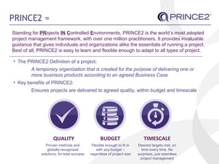 PRINCE2 =
Standing for PRojects IN Controlled Environments, PRINCE2 is the world’s most adopted
project management framework, with over one million practitioners. It provides invaluable
guidance that gives individuals and organizations alike the essentials of running a project.
Best of all, PRINCE2 is easy to learn and flexible enough to adapt to all types of project.
• The PRINCE2 Definition of a project:
A temporary organization that is created for the purpose of delivering one or
more business products according to an agreed Business Case
• Key benefits of PRINCE2:
Ensures projects are delivered to agreed quality, within budget and timescale
BUDGET
Desired targets met, on
time every time. No
surprises, just seamless
project management
TIMESCALEQUALITY
Proven methods and
globally-recognized
solutions, for total success
Flexible enough to fit in
with any budget –
regardless of project size
 