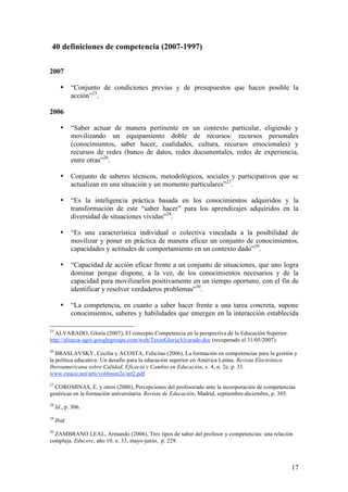 40 definiciones de competencia (2007-1997)


2007

       •     “Conjunto de condiciones previas y de presupuestos que hacen posible la
             acción”25.

2006

       •     “Saber actuar de manera pertinente en un contexto particular, eligiendo y
             movilizando un equipamiento doble de recursos: recursos personales
             (conocimientos, saber hacer, cualidades, cultura, recursos emocionales) y
             recursos de redes (banco de datos, redes documentales, redes de experiencia,
             entre otras”26.

       •     Conjunto de saberes técnicos, metodológicos, sociales y participativos que se
             actualizan en una situación y un momento particulares”27.

       •     “Es la inteligencia práctica basada en los conocimientos adquiridos y la
             transformación de este “saber hacer” para los aprendizajes adquiridos en la
             diversidad de situaciones vividas”28.

       •     “Es una característica individual o colectiva vinculada a la posibilidad de
             movilizar y poner en práctica de manera eficaz un conjunto de conocimientos,
             capacidades y actitudes de comportamiento en un contexto dado”29.

       •     “Capacidad de acción eficaz frente a un conjunto de situaciones, que uno logra
             dominar porque dispone, a la vez, de los conocimientos necesarios y de la
             capacidad para movilizarlos positivamente en un tiempo oportuno, con el fin de
             identificar y resolver verdaderos problemas”30.

       •     “La competencia, en cuanto a saber hacer frente a una tarea concreta, supone
             conocimientos, saberes y habilidades que emergen en la interacción establecida

25
  ALVARADO, Gloria (2007), El concepto Competencia en la perspectiva de la Educación Superior.
http://alianza-agro.googlegroups.com/web/TextoGloriaAlvarado.doc (recuperado el 31/05/2007).
26
   BRASLAVSKY, Cecilia y ACOSTA, Felicitas (2006), La formación en competencias para la gestión y
la política educativa: Un desafío para la educación superior en América Latina. Revista Electrónica
Iberoamericana sobre Calidad, Eficacia y Cambio en Educación, v. 4, n. 2e, p. 33.
www.rinace.net/arts/vol4num2e/art2.pdf
27
  COROMINAS, E. y otros (2006), Percepciones del profesorado ante la incorporación de competencias
genéricas en la formación universitaria. Revista de Educación, Madrid, septiembre-diciembre, p. 305.
28
     Id., p. 306.
29
     Ibid.
30
  ZAMBRANO LEAL, Armando (2006), Tres tipos de saber del profesor y competencias: una relación
compleja. Educere, año 10, n. 33, mayo-junio, p. 229.



                                                                                                  17
 