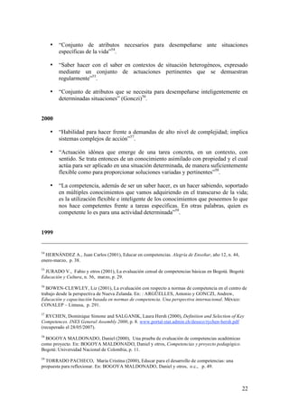 •   “Conjunto de atributos necesarios para desempeñarse ante situaciones
         específicas de la vida”54.

     •   “Saber hacer con el saber en contextos de situación heterogéneos, expresado
         mediante un conjunto de actuaciones pertinentes que se demuestran
         regularmente”55.

     •   “Conjunto de atributos que se necesita para desempeñarse inteligentemente en
         determinadas situaciones” (Gonczi)56.


2000

     •   “Habilidad para hacer frente a demandas de alto nivel de complejidad; implica
         sistemas complejos de acción”57.

     •   “Actuación idónea que emerge de una tarea concreta, en un contexto, con
         sentido. Se trata entonces de un conocimiento asimilado con propiedad y el cual
         actúa para ser aplicado en una situación determinada, de manera suficientemente
         flexible como para proporcionar soluciones variadas y pertinentes”58.

     •   “La competencia, además de ser un saber hacer, es un hacer sabiendo, soportado
         en múltiples conocimientos que vamos adquiriendo en el transcurso de la vida;
         es la utilización flexible e inteligente de los conocimientos que poseemos lo que
         nos hace competentes frente a tareas específicas. En otras palabras, quien es
         competente lo es para una actividad determinada”59.


1999


54
  HERNÁNDEZ A., Juan Carlos (2001), Educar en competencias. Alegría de Enseñar, año 12, n. 44,
enero-marzo, p. 38.
55
  JURADO V., Fabio y otros (2001), La evaluación censal de competencias básicas en Bogotá. Bogotá:
Educación y Cultura, n. 56, marzo, p. 29.
56
   BOWEN-CLEWLEY, Liz (2001), La evaluación con respecto a normas de competencia en el centro de
trabajo desde la perspectiva de Nueva Zelanda. En: : ARGÜELLES, Antonio y GONCZI, Andrew,
Educación y capacitación basada en normas de competencia. Una perspectiva internacional. México:
CONALEP – Limusa, p. 291.
57
  RYCHEN, Dominique Simone and SALGANIK, Laura Hersh (2000), Definition and Selection of Key
Competences. INES General Assembly 2000, p. 8. www.portal-stat.admin.ch/deseco/rychen-hersh.pdf
(recuperado el 28/05/2007).
58
  BOGOYA MALDONADO, Daniel (2000), Una prueba de evaluación de competencias académicas
como proyecto. En: BOGOYA MALDONADO, Daniel y otros, Competencias y proyecto pedagógico.
Bogotá: Universidad Nacional de Colombia, p. 11.
59
  TORRADO PACHECO, María Cristina (2000), Educar para el desarrollo de competencias: una
propuesta para reflexionar. En: BOGOYA MALDONADO, Daniel y otros, o.c., p. 49.



                                                                                                 22
 