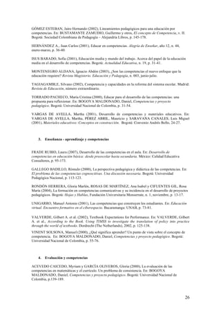 GÓMEZ ESTEBAN, Jairo Hernando (2002), Lineamientos pedagógicos para una educación por
competencias. En: BUSTAMANTE ZAMUDIO, Guillermo y otros, El concepto de Competencia, v. II.
Bogotá: Sociedad Colombiana de Pedagogía – Alejandría Libros, p. 145-178.

HERNÁNDEZ A., Juan Carlos (2001), Educar en competencias. Alegría de Enseñar, año 12, n. 44,
enero-marzo, p. 36-40.

ISUS BARADO, Sofía (2001), Educación media y mundo del trabajo. Acerca del papel de la educación
media en el desarrollo de competencias. Bogotá: Actualidad Educativa, n. 19, p. 31-41.

MONTENEGRO ALDANA, Ignacio Abdón (2003), ¿Son las competencias el nuevo enfoque que la
educación requiere? Revista Magisterio. Educación y Pedagogía, n. 003, junio-julio.

TAGIAGAMBLE, Silvano (2002), Competencia y capacidades en la reforma del sistema escolar. Madrid:
Revista de Educación, número extraordinario.

TORRADO PACHECO, María Cristina (2000), Educar para el desarrollo de las competencias: una
propuesta para reflexionar. En: BOGOYA MALDONADO, Daniel, Competencias y proyecto
pedagógico. Bogotá: Universidad Nacional de Colombia, p. 31-54.

VARGAS DE AVELLA, Martha (2001), Desarrollo de competencias y materiales educativos. En:
VARGAS DE AVELLA, Martha, PÉREZ ABRIL, Mauricio y SARAVANA CANALES, Luis Miguel
(2001), Materiales educativos: Conceptos en construcción. Bogotá: Convenio Andrés Bello, 24-27.



    3.   Enseñanza - aprendizaje y competencias


FRADE RUBIO, Laura (2007), Desarrollo de las competencias en el aula. En: Desarrollo de
competencias en educación básica: desde preescolar hasta secundaria. México: Calidad Educativa
Consultores, p. 95-173.

GALLEGO BADILLO, Rómulo (2000), La perspectiva pedagógica y didáctica de las competencias. En:
El problema de las competencias cognoscitivas. Una discusión necesaria. Bogotá: Universidad
Pedagógica Nacional, p. 113-123.

RONDÓN HERRERA, Gloria Marlén, ROSAS DE MARTÍNEZ, Ana Isabel y CIFUENTES GIL, Rosa
María (2004), La formación en competencias comunicativas y su incidencia en el desarrollo de proyectos
pedagógicos. Bogotá: Hojas y Hablas, Fundación Universitaria Monserrate, n. 1, noviembre, p. 13-17.

UNIGARRO, Manuel Antonio (2001), Las competencias que construyen los estudiantes. En: Educación
virtual. Encuentro formativo en el ciberespacio. Bucaramanga: UNAB, p. 73-81.

VALVERDE, Gilbert A. et al. (2002), Textbook Expectations for Performance. En: VALVERDE, Gilbert
A. et al., According to the Book. Using TIMSS to investigate the translation of policy into practice
through the world of textbooks. Dordrecht (The Netherlands), 2002, p. 125-138.
VINENT SOLSONA, Manuel (2000), ¿Qué significa aprender? Un punto de vista sobre el concepto de
competencia. En: BOGOYA MALDONADO, Daniel, Competencias y proyecto pedagógico. Bogotá:
Universidad Nacional de Colombia, p. 55-76.



    4.   Evaluación y competencias

ACEVEDO CAICEDO, Myriam y GARCÍA OLIVEROS, Gloria (2000), La evaluación de las
competencias en matemáticas y el currículo. Un problema de consistencia. En: BOGOYA
MALDONADO, Daniel, Competencias y proyecto pedagógico. Bogotá: Universidad Nacional de
Colombia, p.139-189.




                                                                                                    26
 
