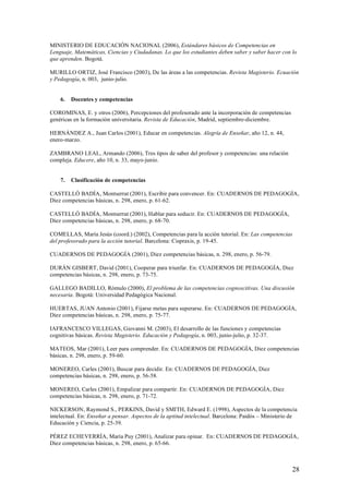 MINISTERIO DE EDUCACIÓN NACIONAL (2006), Estándares básicos de Competencias en
Lenguaje, Matemáticas, Ciencias y Ciudadanas. Lo que los estudiantes deben saber y saber hacer con lo
que aprenden. Bogotá.

MURILLO ORTIZ, José Francisco (2003), De las áreas a las competencias. Revista Magisterio. Ecuación
y Pedagogía, n. 003, junio-julio.


    6.   Docentes y competencias

COROMINAS, E. y otros (2006), Percepciones del profesorado ante la incorporación de competencias
genéricas en la formación universitaria. Revista de Educación, Madrid, septiembre-diciembre.

HERNÁNDEZ A., Juan Carlos (2001), Educar en competencias. Alegría de Enseñar, año 12, n. 44,
enero-marzo.

ZAMBRANO LEAL, Armando (2006), Tres tipos de saber del profesor y competencias: una relación
compleja. Educere, año 10, n. 33, mayo-junio.


    7.   Clasificación de competencias

CASTELLÓ BADÍA, Montserrat (2001), Escribir para convencer. En: CUADERNOS DE PEDAGOGÍA,
Diez competencias básicas, n. 298, enero, p. 61-62.

CASTELLÓ BADÍA, Montserrat (2001), Hablar para seducir. En: CUADERNOS DE PEDAGOGÍA,
Diez competencias básicas, n. 298, enero, p. 68-70.

COMELLAS, María Jesús (coord.) (2002), Competencias para la acción tutorial. En: Las competencias
del profesorado para la acción tutorial. Barcelona: Cispraxis, p. 19-45.

CUADERNOS DE PEDAGOGÍA (2001), Diez competencias básicas, n. 298, enero, p. 56-79.

DURÁN GISBERT, David (2001), Cooperar para triunfar. En: CUADERNOS DE PEDAGOGÍA, Diez
competencias básicas, n. 298, enero, p. 73-75.

GALLEGO BADILLO, Rómulo (2000), El problema de las competencias cognoscitivas. Una discusión
necesaria. Bogotá: Universidad Pedagógica Nacional.

HUERTAS, JUAN Antonio (2001), Fijarse metas para superarse. En: CUADERNOS DE PEDAGOGÍA,
Diez competencias básicas, n. 298, enero, p. 75-77.

IAFRANCESCO VILLEGAS, Giovanni M. (2003), El desarrollo de las funciones y competencias
cognitivas básicas. Revista Magisterio. Educación y Pedagogía, n. 003, junio-julio, p. 32-37.

MATEOS, Mar (2001), Leer para comprender. En: CUADERNOS DE PEDAGOGÍA, Diez competencias
básicas, n. 298, enero, p. 59-60.

MONEREO, Carles (2001), Buscar para decidir. En: CUADERNOS DE PEDAGOGÍA, Diez
competencias básicas, n. 298, enero, p. 56-58.

MONEREO, Carles (2001), Empalizar para compartir. En: CUADERNOS DE PEDAGOGÍA, Diez
competencias básicas, n. 298, enero, p. 71-72.

NICKERSON, Raymond S., PERKINS, David y SMITH, Edward E. (1998), Aspectos de la competencia
intelectual. En: Enseñar a pensar. Aspectos de la aptitud intelectual. Barcelona: Paidós – Ministerio de
Educación y Ciencia, p. 25-39.

PÉREZ ECHEVERRÍA, María Puy (2001), Analizar para opinar. En: CUADERNOS DE PEDAGOGÍA,
Diez competencias básicas, n. 298, enero, p. 65-66.



                                                                                                     28
 