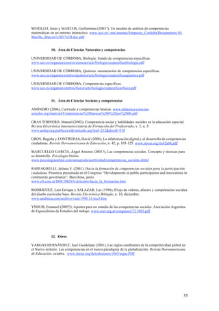 MURILLO, Jesús y MARCOS, Guillermina (2003?), Un modelo de análisis de competencias
matemáticas en un entorno interactivo. www.uco.es/~ma1mamaa/Simposio_Cordoba/Documentos/10-
Murillo_Marcos%5B1%5D.doc.pdf


             10. Área de Ciencias Naturales y competencias

UNIVERSIDAD DE CÓRDOBA, Biología: listado de competencias específicas.
www.uco.es/organiza/centros/ciencias/ects/biologia/cespecificasbiologia.pdf

UNIVERSIDAD DE CÓRDOBA, Química: enumeración de competencias específicas.
www.uco.es/organiza/centros/quimica/ects/biologia/cespecificasquimica.pdf

UNIVERSIDAD DE CÓRDOBA, Competencias específicas.
www.uco.es/organiza/centros/fisica/ects/biologia/cespecificasfisica.pdf


             11. Área de Ciencias Sociales y competencias

ANÓNIMO (2006), Currículo y competencias básicas. www.didactica-ciencias-
sociales.org/material/Competencias%20basicas%206%20jun%2006.pdf

GRAS TORNERO, Manuel (2002), Competencia social y habilidades sociales en la educación especial.
Revista Electrónica Interuniversitaria de Formación del Profesorado, v. 5, n. 5.
www.aufop.org/publica/reifp/articulo.asp?pid=212&docid=910

GROS, Begoña y CONTRERAS, David (2006), La alfabetización digital y el desarrollo de competencias
ciudadanas. Revista Iberoamericana de Educación, n. 42, p. 103-125. www.rieoei.org/rie42a06.pdf

MARCUELLO GARCÍA, Ángel Antonio (2001?), Las competencias sociales. Concepto y técnicas para
su desarrollo. Psicología Online.
www.psicologiaonline.com/autoayuda/asertividad/competencias_sociales.shtml

RAFFAGHELLI, Juliana E. (2001), Hacia la formación de competencias sociales para la participación
ciudadana. Ponencia presentada en el Congreso “Developments in public participation and innovations in
community governance”, Barcelona, junio.
www.eft.com.ar/DOCTRINA/articulos/hacia_la_formacion.htm

RODRÍGUEZ, Luis Enrique y SALAZAR, Luz (1996), El eje de valores, afectos y competencias sociales
del diseño curricular base. Revista Electrónica Bilingüe, n. 10, diciembre.
www.analitica.com/archivo/vam/1996.11/soc3.htm

YNOUB, Emanuel (2005?), Aportes para un estudio de las competencias sociales. Asociación Argentina
de Especialistas de Estudios del trabajo. www.aset.org.ar/congresos/7/11001.pdf




             12. Otros

VARGAS HERNÁNDEZ, José Guadalupe (2001), Las reglas cambiantes de la competitividad global en
el Nuevo milenio. Las competencias en el nuevo paradigma de la globalización. Revista Iberoamericana
de Educación, octubre. www.rieoei.org/deloslectores/186Vargas.PDF




                                                                                                   35
 