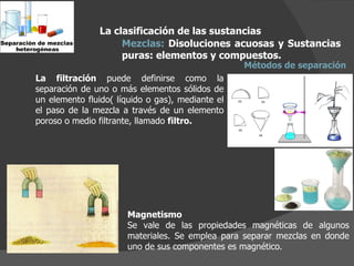 La filtración  puede definirse como la separación de uno o más elementos sólidos de un elemento fluido( líquido o gas), mediante el el paso de la mezcla a través de un elemento poroso o medio filtrante, llamado  filtro.   La clasificación de las sustancias Mezclas:  Disoluciones acuosas y Sustancias puras: elementos y compuestos.  Métodos de separación Magnetismo Se vale de las propiedades magnéticas de algunos materiales. Se emplea para separar mezclas en donde uno de sus componentes es magnético. 