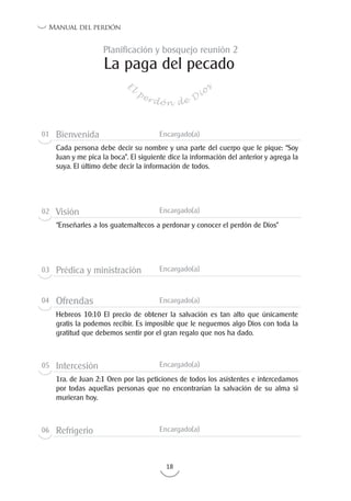 18
Manual del perdón
La paga del pecado
E
l
perdón de Dio
s
Planificación y bosquejo reunión 2
01 Bienvenida Encargado(a)
Cada persona debe decir su nombre y una parte del cuerpo que le pique: “Soy
Juan y me pica la boca”. El siguiente dice la información del anterior y agrega la
suya. El último debe decir la información de todos.
02 Visión Encargado(a)
“Enseñarles a los guatemaltecos a perdonar y conocer el perdón de Dios”
03 Prédica y ministración Encargado(a)
04 Ofrendas Encargado(a)
Hebreos 10:10 El precio de obtener la salvación es tan alto que únicamente
gratis la podemos recibir. Es imposible que le neguemos algo Dios con toda la
gratitud que debemos sentir por el gran regalo que nos ha dado.
05 Intercesión Encargado(a)
1ra. de Juan 2:1 Oren por las peticiones de todos los asistentes e intercedamos
por todas aquellas personas que no encontrarían la salvación de su alma si
murieran hoy.
06 Refrigerio Encargado(a)
 