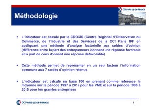 3
 L’indicateur est calculé par le CROCIS (Centre Régional d’Observation du
Commerce, de l’Industrie et des Services) de la CCI Paris IDF en
appliquant une méthode d’analyse factorielle aux soldes d’opinion
(différence entre la part des entrepreneurs donnant une réponse favorable
et la part de ceux donnant une réponse défavorable)
 Cette méthode permet de représenter en un seul facteur l’information
commune aux 7 soldes d’opinion retenus
 L’indicateur est calculé en base 100 en prenant comme référence la
moyenne sur la période 1997 à 2015 pour les PME et sur la période 1998 à
2015 pour les grandes entreprises
Méthodologie
 