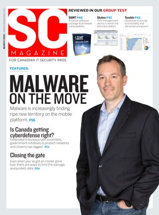 MARCH2015 •  WWW.SCMAGAZINE.COM 
REVIEWED IN OUR GROUP TEST
FEATURES:
Malware is increasingly finding
ripe new territory on the mobile
platform. P16
IsCanadagetting
cyberdefenseright?
Embroiled in bureaucratic scrambles,
government initiatives to protect networks
and citizens has lagged. PC1
Closingthegate
Even when you’ve got an insider gone
bad, there are ways to limit the damage
and protect data. P24
Skybox P42
This management
device is worth the
extra few dollars
SAINT P40
A robust software
package that reveals
vulnerabilities
Tenable P43
Advanced scanning
functionality and
attractive pricepoint
MALWAREON THE MOVE
 