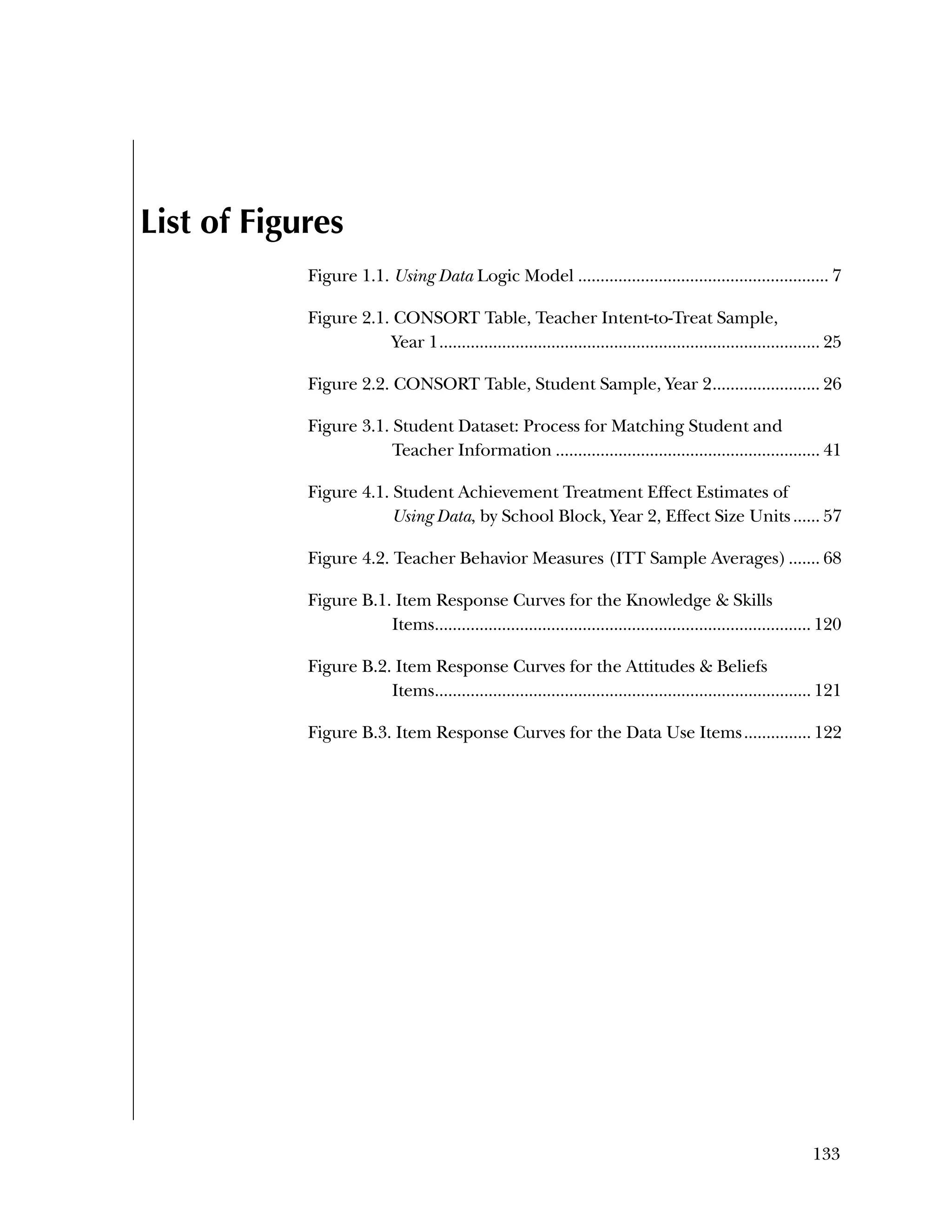 133
List of Figures
Figure 1.1. Using Data Logic Model ........................................................ 7 
Figure 2.1. CONSORT Table, Teacher Intent-to-Treat Sample,
Year 1..................................................................................... 25 
Figure 2.2. CONSORT Table, Student Sample, Year 2........................ 26 
Figure 3.1. Student Dataset: Process for Matching Student and
Teacher Information ........................................................... 41 
Figure 4.1. Student Achievement Treatment Effect Estimates of
Using Data, by School Block, Year 2, Effect Size Units...... 57 
Figure 4.2. Teacher Behavior Measures (ITT Sample Averages)....... 68 
Figure B.1. Item Response Curves for the Knowledge & Skills
Items.................................................................................... 120 
Figure B.2. Item Response Curves for the Attitudes & Beliefs
Items.................................................................................... 121 
Figure B.3. Item Response Curves for the Data Use Items............... 122 
 