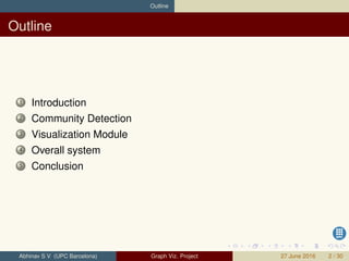 Outline
Outline
1 Introduction
2 Community Detection
3 Visualization Module
4 Overall system
5 Conclusion
Abhinav S V (UPC Barcelona) Graph Viz. Project 27 June 2016 2 / 30
 