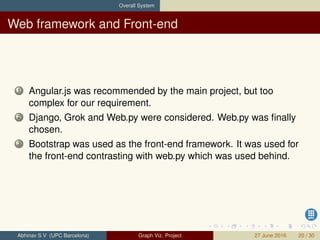 Overall System
Web framework and Front-end
1 Angular.js was recommended by the main project, but too
complex for our requirement.
2 Django, Grok and Web.py were considered. Web.py was ﬁnally
chosen.
3 Bootstrap was used as the front-end framework. It was used for
the front-end contrasting with web.py which was used behind.
Abhinav S V (UPC Barcelona) Graph Viz. Project 27 June 2016 20 / 30
 