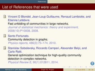 References
List of References that were used
Vincent D Blondel, Jean-Loup Guillaume, Renaud Lambiotte, and
Etienne Lefebvre.
Fast unfolding of communities in large networks.
Journal of statistical mechanics: theory and experiment,
2008(10):P10008, 2008.
Santo Fortunato.
Community detection in graphs.
Physics reports, 486(3):75–174, 2010.
Stanislav Sobolevsky, Riccardo Campari, Alexander Belyi, and
Carlo Ratti.
General optimization technique for high-quality community
detection in complex networks.
Physical Review E, 90(1):012811, 2014.
Abhinav S V (UPC Barcelona) Graph Viz. Project 27 June 2016 29 / 30
 