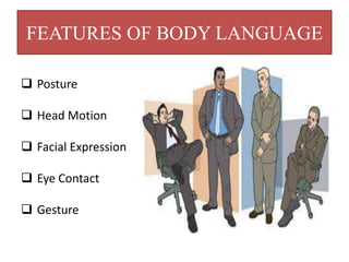 FEATURES OF BODY LANGUAGE
 Posture
 Head Motion
 Facial Expression
 Eye Contact
 Gesture
 