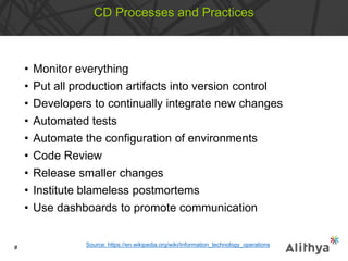 CD Processes and Practices
• Monitor everything
• Put all production artifacts into version control
• Developers to continually integrate new changes
• Automated tests
• Automate the configuration of environments
• Code Review
• Release smaller changes
• Institute blameless postmortems
• Use dashboards to promote communication
Source: https://en.wikipedia.org/wiki/Information_technology_operations#
 