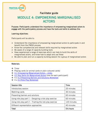 Facilitator guide
        MODULE 4: EMPOWERING MARGINALISED
                      ACTORS
Purpose: Participants understand the importance of empowering marginalised actors to
engage with the participatory process and have the tools and skills to address this

Learning objectives:

Participants will be able to:

 Understand the importance of empowering marginalised actors to participate in and
  benefit from the PMSD process
 Know the competencies and relevant skills required by marginalised actors
 Be aware of a range of capacity building tools
 Have experienced a range of exercises which can help to build the skills of
  marginalised actors, and know how to adapt and use these
 Be able to plan and run a capacity building session for a group of marginalised actors


Materials:

   Timer
   Playing cards (or animal cards or plain coloured cards)
   4.1 Empowering Marginalised Actors – slides
   4.2 Key Skills for Marginalised Actors (one for each participant)
   5 x 4.3 Presenting Barriers and Solutions Worksheet
   4 x 4.4 Role Play Worksheet

Session title                                                     Time
Introductory session                                              20 minutes
Matching cards                                                    30 minutes
Presenting barriers and solutions                                 60 minutes
Using role play part 1 – Designing a role play exercise           60 minutes
Using role play part 2 – Trialling the role play exercise         120 minutes
Different representation approaches                               40 minutes
Total                                                             5½ hours
 