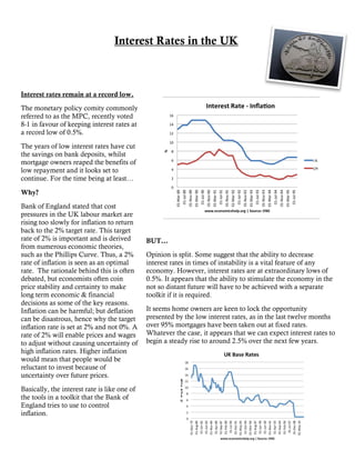 Interest Rates in the UK
Interest rates remain at a record low.
The monetary policy comity commonly
referred to as the MPC, recently voted
8-1 in favour of keeping interest rates at
a record low of 0.5%.
The years of low interest rates have cut
the savings on bank deposits, whilst
mortgage owners reaped the benefits of
low repayment and it looks set to
continue. For the time being at least…
Why?
Bank of England stated that cost
pressures in the UK labour market are
rising too slowly for inflation to return
back to the 2% target rate. This target
rate of 2% is important and is derived
from numerous economic theories,
such as the Phillips Curve. Thus, a 2%
rate of inflation is seen as an optimal
rate. The rationale behind this is often
debated, but economists often coin
price stability and certainty to make
long term economic & financial
decisions as some of the key reasons.
Inflation can be harmful; but deflation
can be disastrous, hence why the target
inflation rate is set at 2% and not 0%. A
rate of 2% will enable prices and wages
to adjust without causing uncertainty of
high inflation rates. Higher inflation
would mean that people would be
reluctant to invest because of
uncertainty over future prices.
Basically, the interest rate is like one of
the tools in a toolkit that the Bank of
England tries to use to control
inflation.
BUT…
Opinion is split. Some suggest that the ability to decrease
interest rates in times of instability is a vital feature of any
economy. However, interest rates are at extraordinary lows of
0.5%. It appears that the ability to stimulate the economy in the
not so distant future will have to be achieved with a separate
toolkit if it is required.
It seems home owners are keen to lock the opportunity
presented by the low interest rates, as in the last twelve months
over 95% mortgages have been taken out at fixed rates.
Whatever the case, it appears that we can expect interest rates to
begin a steady rise to around 2.5% over the next few years.
 