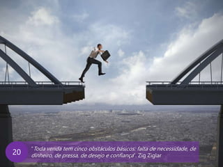 www.agendor.com.br
“Toda venda tem cinco obstáculos básicos: falta de necessidade, de
dinheiro, de pressa, de desejo e confiança”. Zig Ziglar20
 
