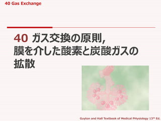 40 Gas Exchange
Guyton and Hall Textbook of Medical PHysiology 13th Ed.
40 ガス交換の原則,
膜を介した酸素と炭酸ガスの
拡散
 