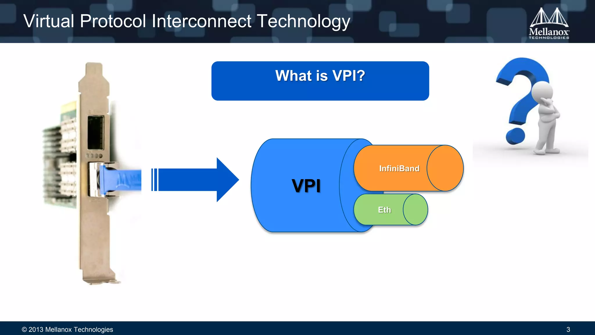 © 2013 Mellanox Technologies 3
Virtual Protocol Interconnect Technology
VPI
Eth
InfiniBand
What is VPI?
 