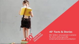 40° Facts & Stories 
Wir liefern innovativen Content 
für eine wirkungsvolle 
Unternehmenskommunikation 
 