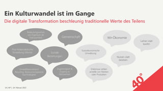 14 | 40° | 24. Februar 2015
Die digitale Transformation beschleunig traditionelle Werte des Teilens
Ein Kulturwandel ist im Gange
Soziale
Beziehungen 

Erlebnisse zählen  
anstelle von Marken  
oder Produkten
Umweltbewusstsein/ 
Recycling, Ressourcensparend
Nachhaltigkeit
Nutzen statt
besitzen
Wir-Ökonomie
Post-Materialistische
Einstellung (Werte)
Bedeutungsverlust  
von Eigentum als
Statussymbol
Sozioökonomische
Umwälzung
Gemeinschaft
Zugehörigkeit &
Zugang zu
Netzwerken
Leihen statt
kaufen
 