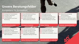 20 | 40° | 24. Februar 2015
Kompetenz für Innovation
Unsere Beratungsfelder
›  Strategische Trendanalysen
›  Innovation Placement
›  Umfeldanalysen
›  Trend-Research und Trend-
Monitoring
Trendbasierte Innovation
›  Crowdsourcing Plattformen
›  Stakeholder-Dialoge
›  Einbindung von Mitarbeitern
›  Steuerung und Moderation von
Open Innovation
Open Innovation
›  Geschäftsfeldentwicklung
›  Business-Szenarien
›  Umfeld-Szenarien
›  (Weiter-)Entwicklung von
Wertschöpfungsmodellen
Strategische Szenarien
›  Unternehmensplanspiele
›  Virtuelle Gaming-Formate
›  Strategie-Visualisierung
›  Entwicklung zielgruppen-
adäquater Gaming-Formate
Serious Gaming & Gamification
›  Ideengenerierung
›  Produktentwicklung
›  Dienstleistungsentwicklung
›  Kreativitätstechniken und
kreative Workshop-Formate
Design Thinking
›  Wissensmanagement
›  Horizontale Vernetzung
›  Innovations-Coaching
›  Aufbau von Innovations-Teams
Innovationskultur & Leadership
›  Klassische und digitale
Kommunikation
›  Touchpoint-Analyse
›  Bestimmung relevanter Kanäle
›  Customer Journey Entwicklung
Customer Journey Szenarien
 